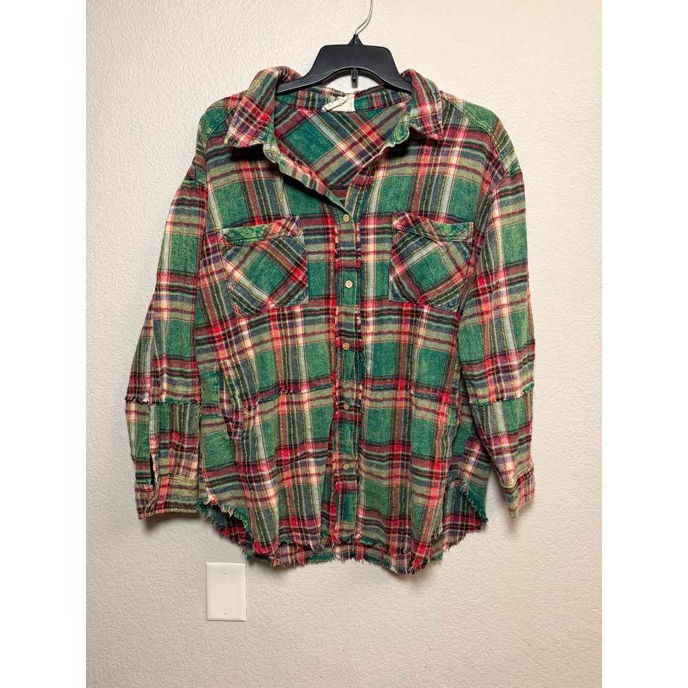 Oli & Hali Green Red Plaid Frayed Hem Flannel Button Down Shirt Medium EJ38892
